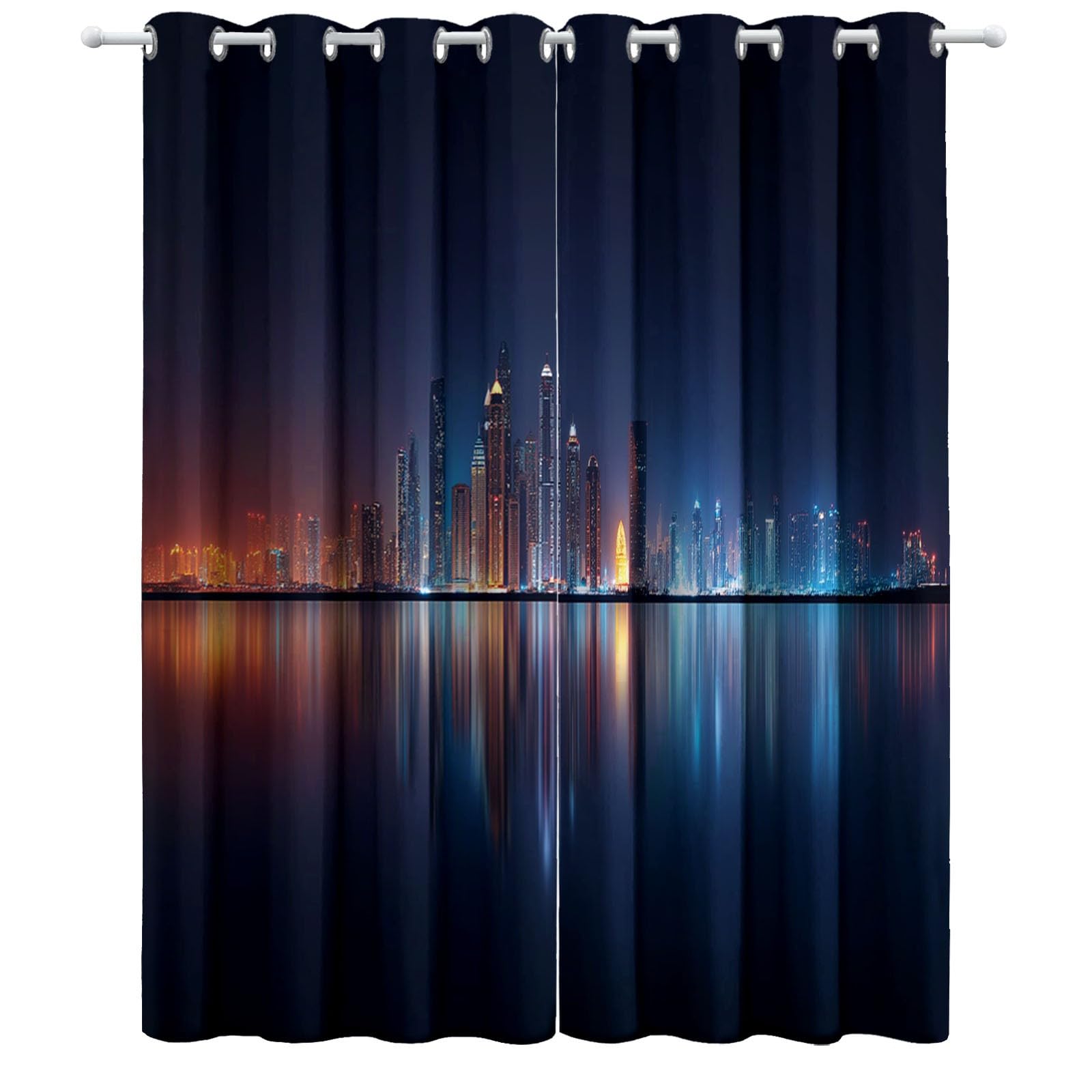 Générique Zasłony izolowane termicznie, 140 L x 260 H cm, zestaw 2 nowoczesnych zasłon miejskich Dubaj z przelotkami zaciemniającymi i redukcją szumów do sypialni i salonu - ciemnoniebieskie