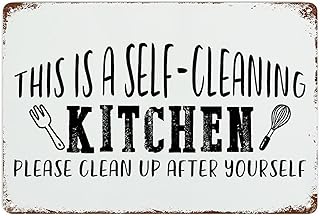 Family Quote Rustic Metal Sign Wall Art Decor This Is A Self-Cleaning Kitchen Please Clean Up after Yourself Wood Grain Motivational Distressed Tin Signs for Farmhouse Porch Store Wall Decor 8x12in