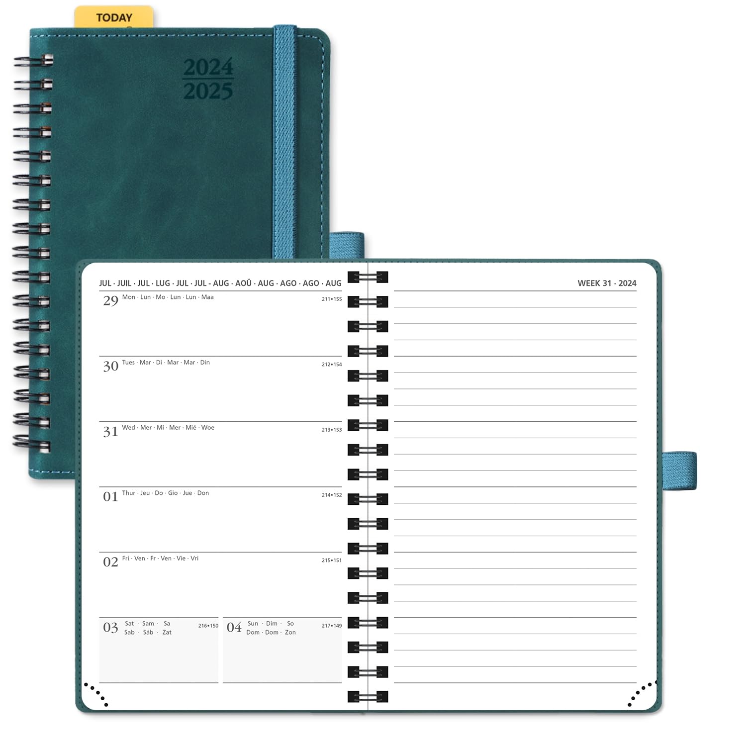 POPRUN Agenda 2024 2025 Pequeña de Bolsillo Espiral 16 x 10,5 cm, Una Página por Semana con Una Página de Notas 17 Meses de Ago.2024 a Dic.2025, 100 GSM Papel, Color Petróleo