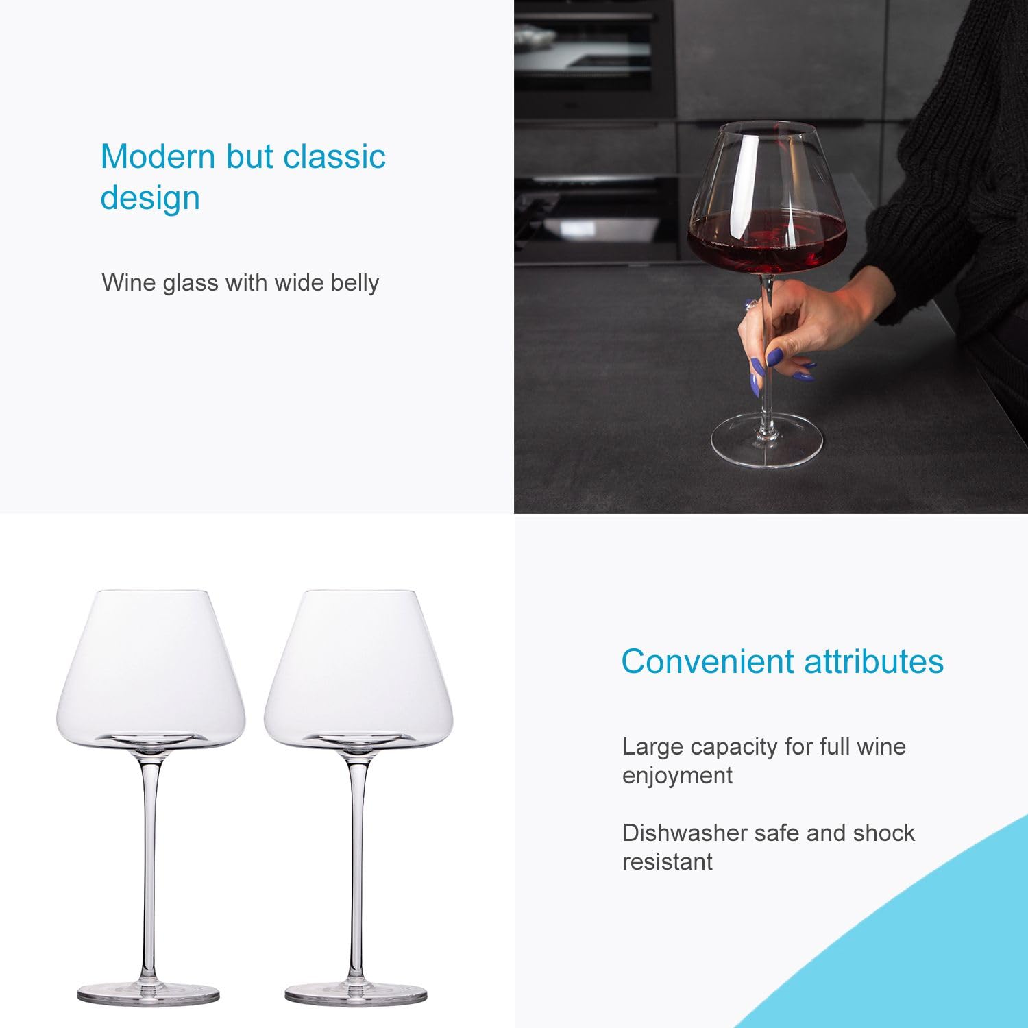 Intirilife 2x Kieliszek do wina o nowoczesnym wzornictwie - Pojemność 600 ml - Kieliszek do Białe wino Czerwone wino, kielich, nadaje się do mycia w zmywarce, szkło kryształowe, odporne na wstrząsy