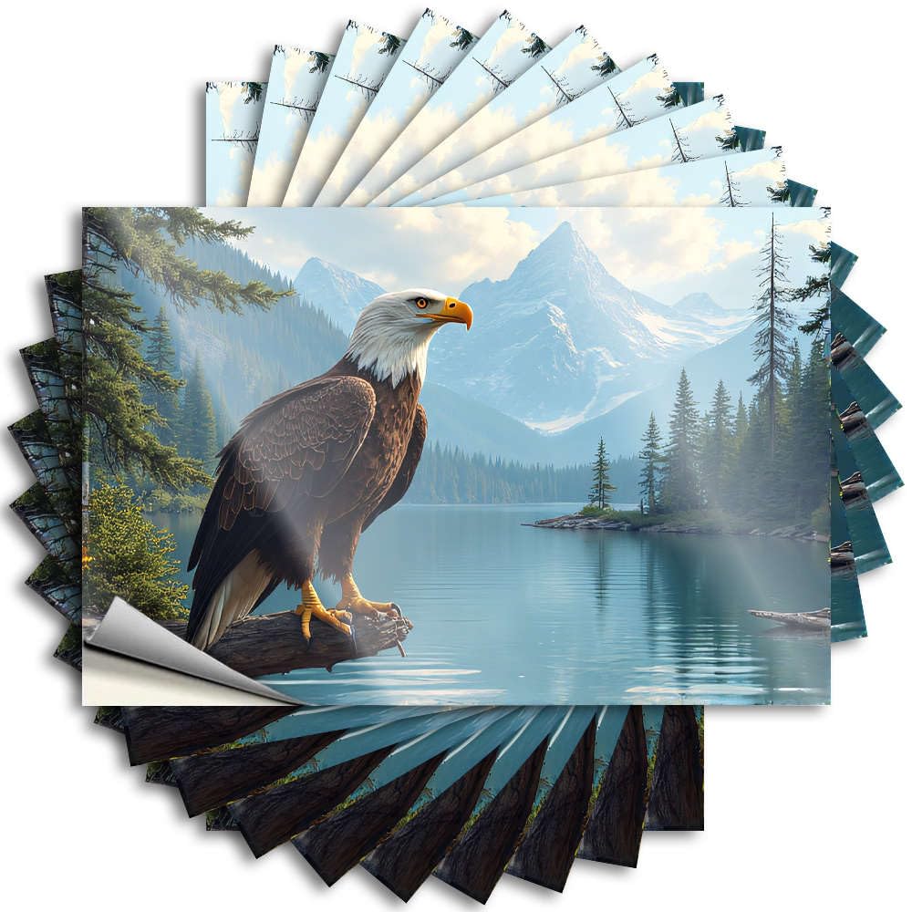 Home Decor Accessories Decals - Southern Outdoor Case Eagle Perched On A Log By A Serene Lake with Mountains in The Background(6X9CM)