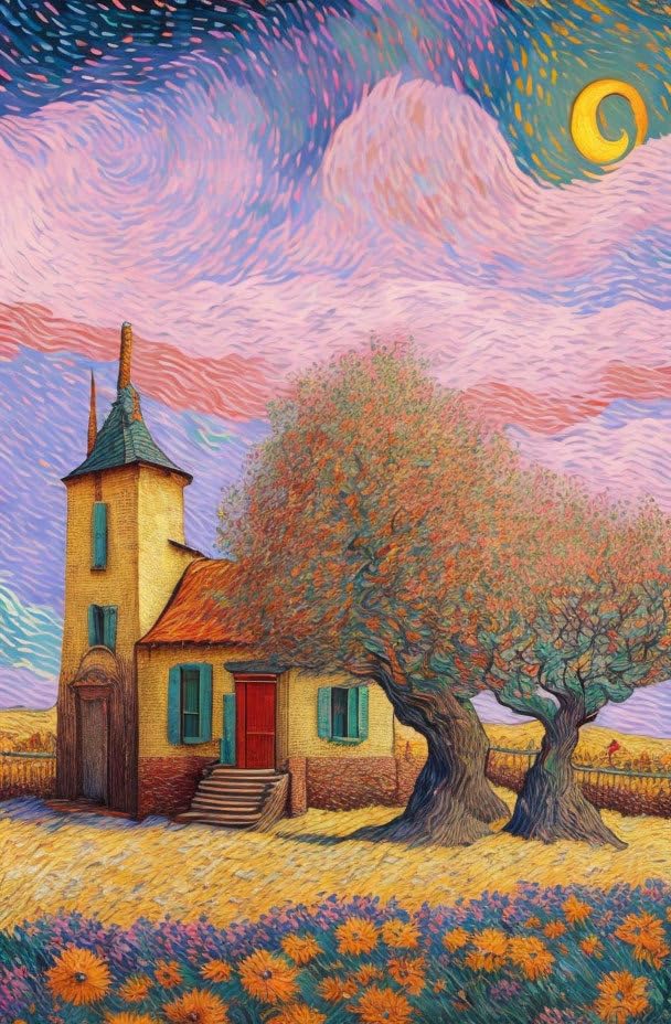 Poster sur toile sans cadre 58x90 cm Maison chaleureuse et grand arbre de SERENDIPITP