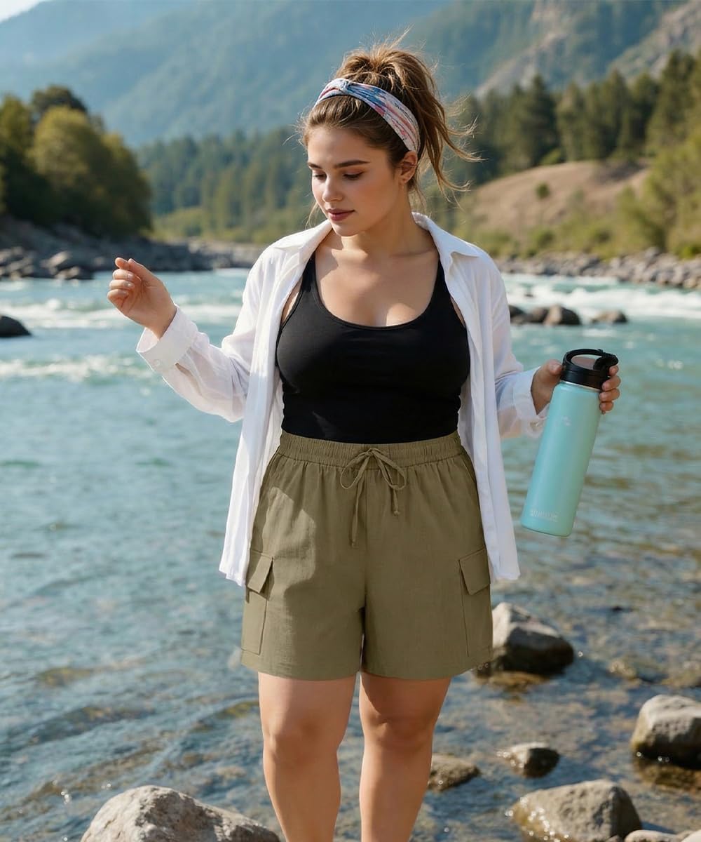 TIYOMI Plus Size Shorts for Women 2026 Summer Casual Elastic Waist Lightweight Drawstring Beach Shorts Loose with Pockets