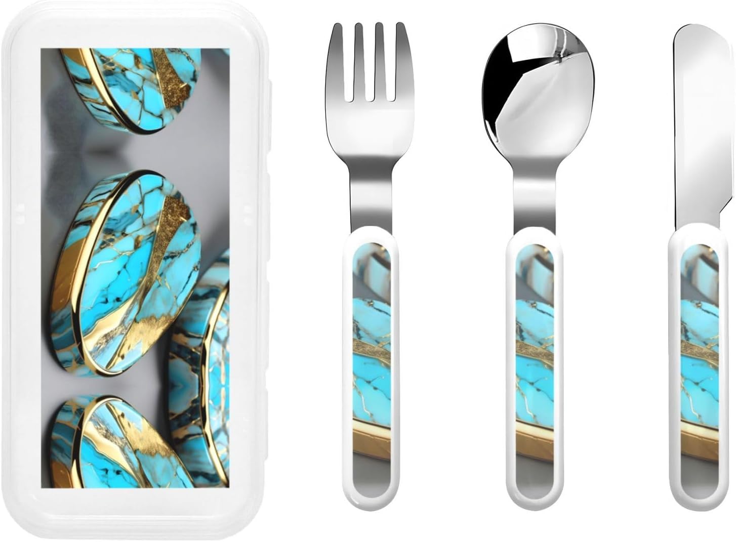 Turquoise Marble Flatware 3 Pieces Set For Dinners, Stainless Steel Cutlery, Forks, Dinner Knife, Dinner Spoon