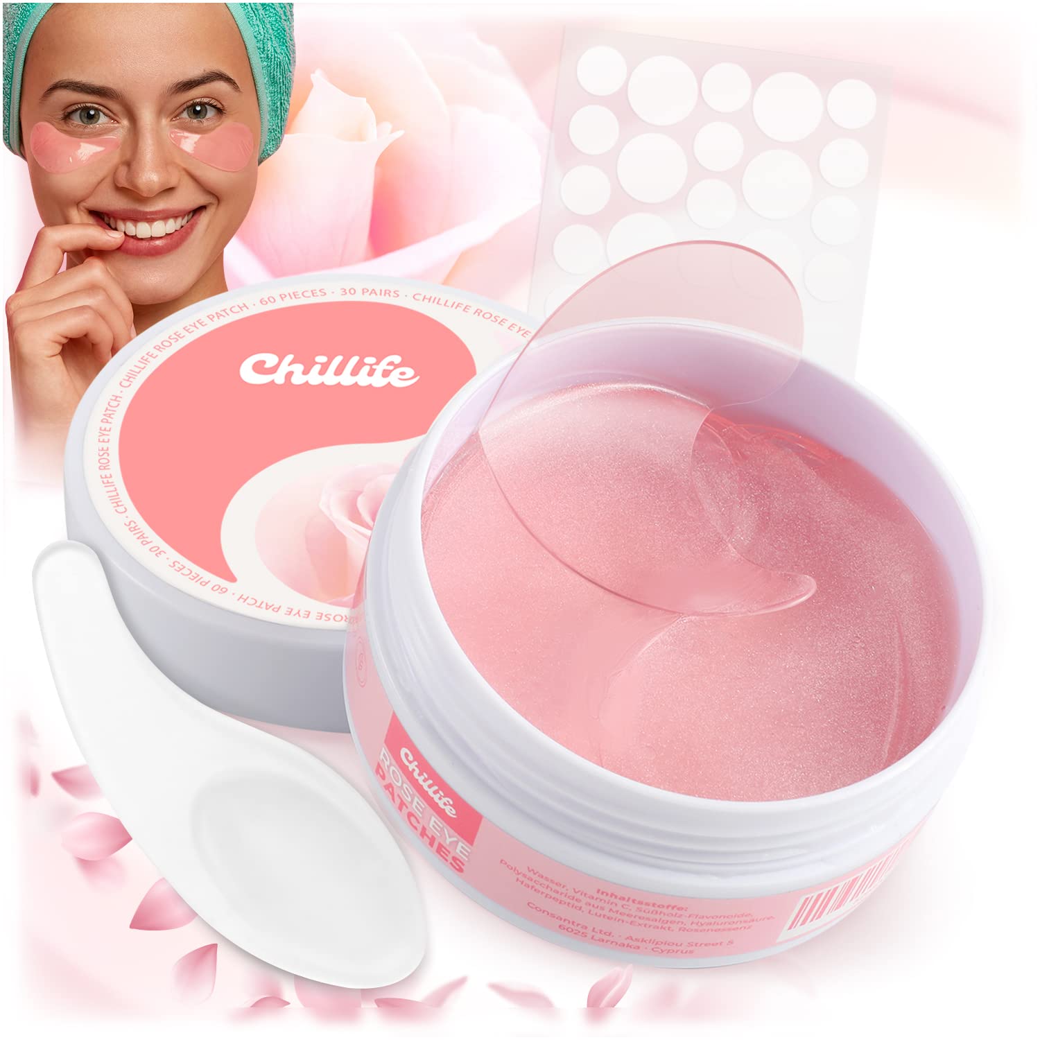 Chillife 60 parches ojos bolsas y ojeras I antiojeras mujer con ácido hialurónico y esencia de rosa I mascarilla ojos hidratantes y antiarrugas I veganas, sin aceite ni parabenos I eye patches