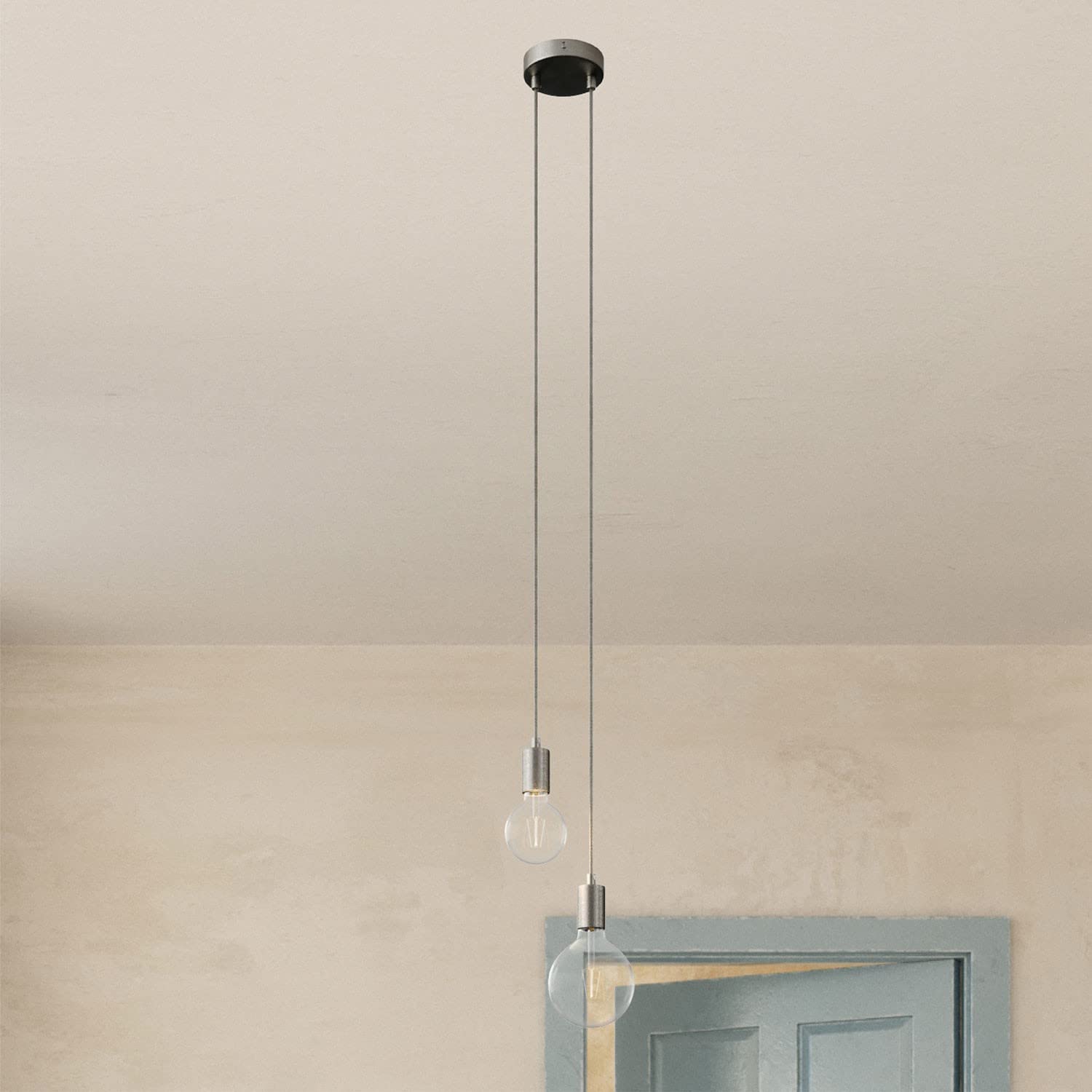 creative cables - Lampada a Sospensione Multipla a 2 Cadute Completa di Cavo Tessile e Finiture in Metallo - Kit Fai da Te, Senza Lampadina, Titanio Satinato