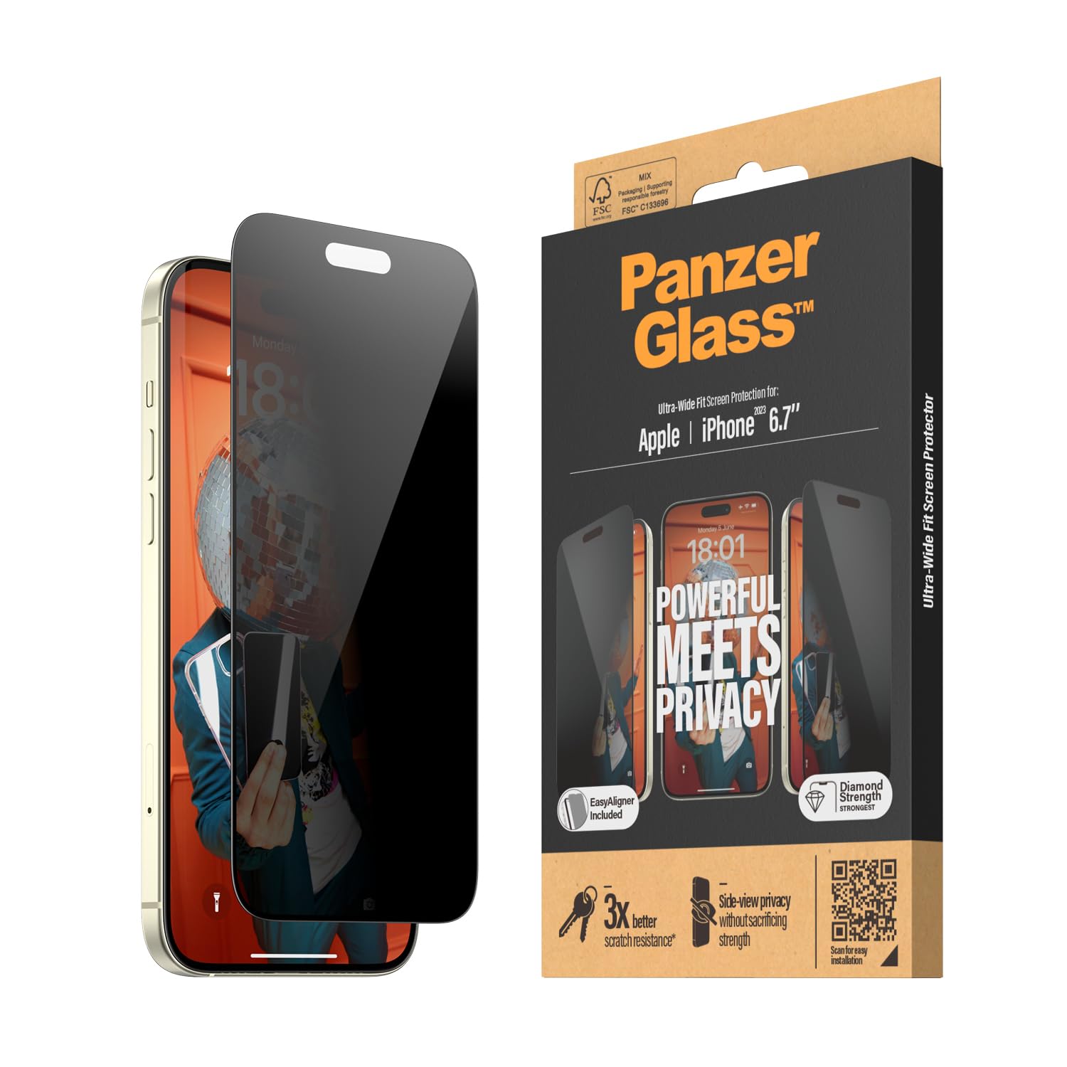 PanzerGlassUltraWide Privacy Screen Protector Compatible with iPhone 15 Plus 2023 6.7"|Privacy Filter, Edge to Edge Tempered Glass,