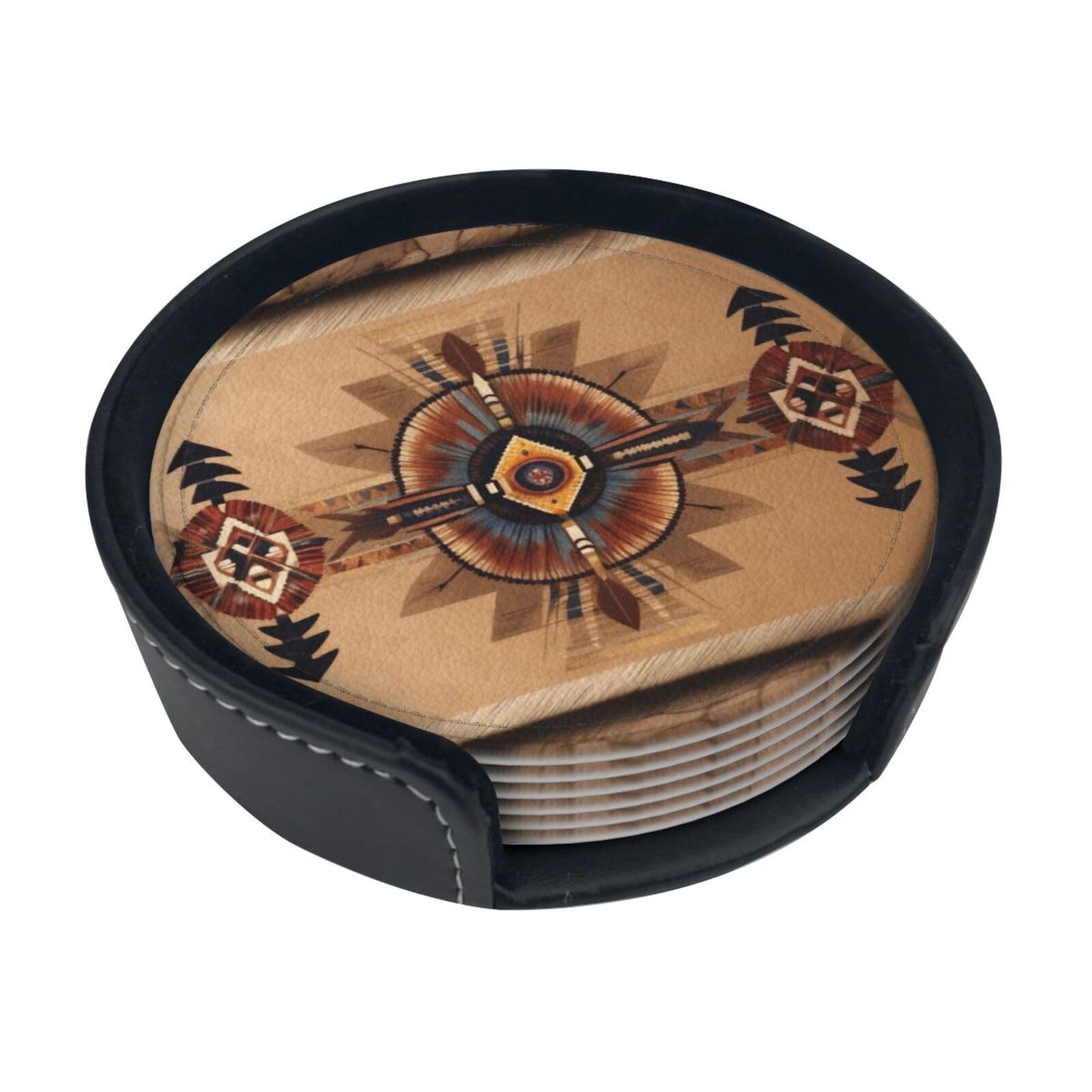 Cntdbu White Native American Patterns Leather Coasters Set Of 6-Pu Leather Drink Mats For Table, Heat Resistant Round Coasters With Holder