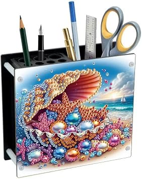 حامل أقلام الرسم الفني الماسي DIY زينة حامل أقلام سطح المكتب زينة مثقاب موضعي من جانب واحد حامل فرشاة مكياج منظم لوازم المكتب - لآلئ صدفة الشاطئ