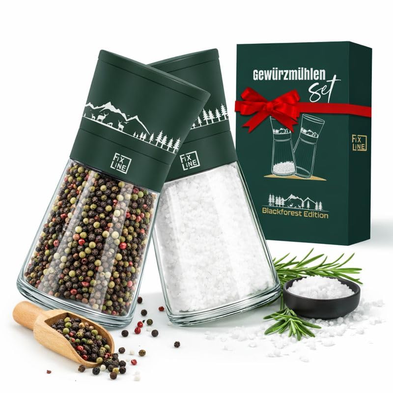 FIXLINE® Gewürzmühlen SET BLACK FOREST EDITION - hochwertiges Keramikmahlwerk - für Salz & Pfeffer - Größe 14cm- Edelstahl/Glas - Pfeffer und Salz Mühle (unbefüllt) - Geschenkset für deine Liebsten