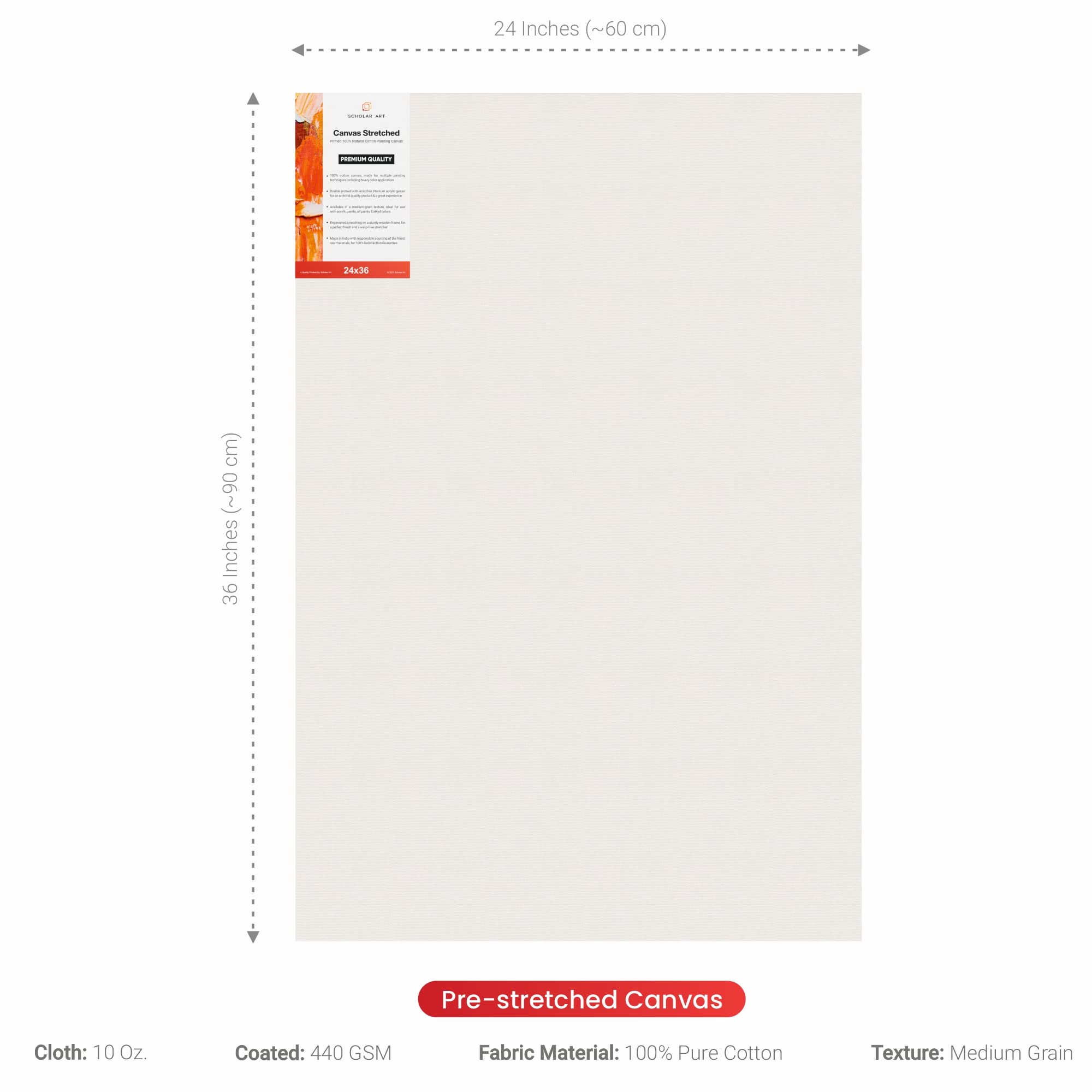 Scholar Art® Artist Standard Series 10 Oz (440 GSM) 100% Cotton Pre-Stretched Canvas with Wooden Frame 18x40 mm | Primed Canvas Stretched for Oil & Acrylic Painting | 24"x36" (60x90 cm), Pack of 2
