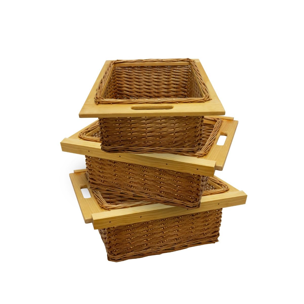 3 Ausziehbare Weidenkörbe Küche Rattan 500mm Küchenkörbe Aufbewahrung Lagerung Speisekammer Unterschrank & Läufer Buche massiv 50cm Landhausstil 100% handgefertigt Befestigungssatz inklusive - Braun