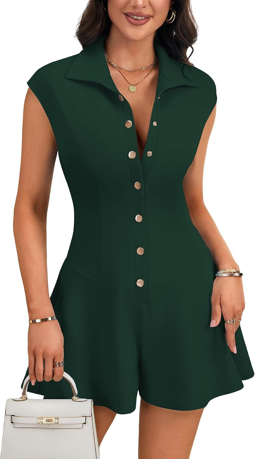 LYANER Women's Collared V Neck Button Down Cap Sleeve Sexy Rompers Jumpsuits