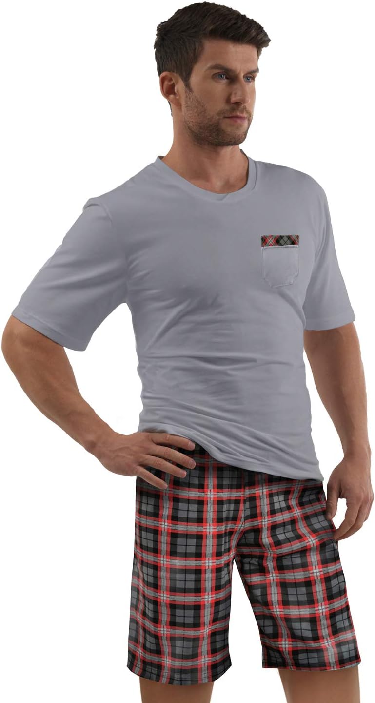 Pijama Hombre Algodón E.vip Pijama Para Hombre E.VIP® Chris SL 328A - 100% Algodón, Conjunto De Camiseta Y Pantalón A Cuadros Pijama Verano Invierno
