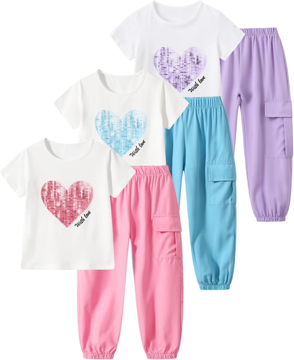 Girls 6 Piece Outfits Casual Cargo Jogger Pants and Basic Love Graphic Print Short Sleeve Top Set 4-12 Years