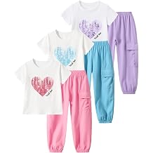 Girls 6 Piece Outfits Casual Cargo Jogger Pants and Basic Love Graphic Print Short Sleeve Top Set 4-12 Years