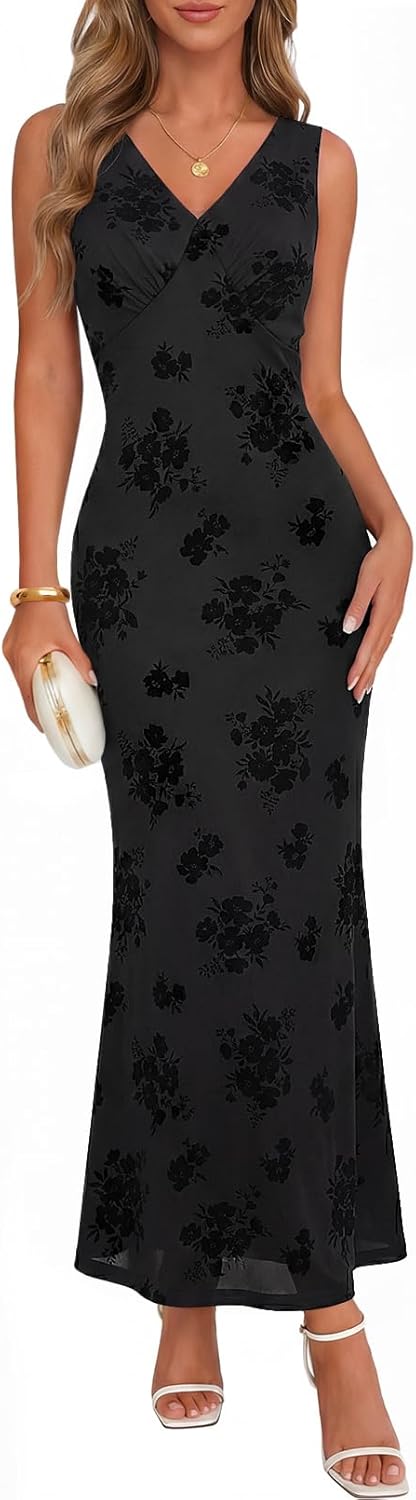 MEROKEETY Women's Summer Sleeveless Floral Bodycon Midi Dress 2026 Elegant Formal V Neck Wedding Guest Cocktail Party Dresses