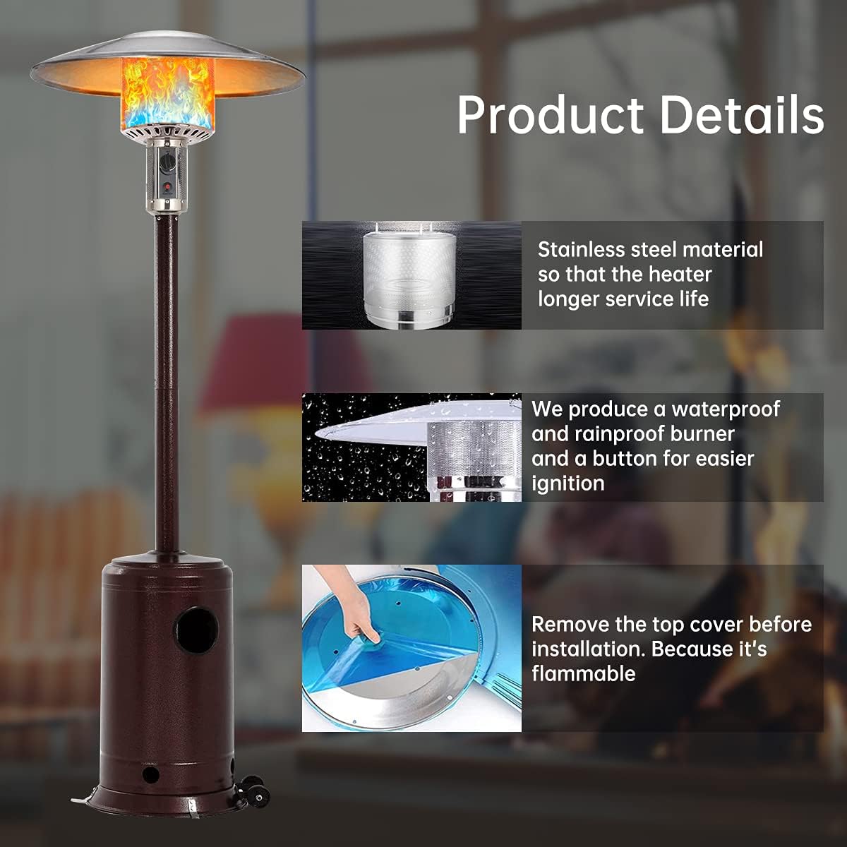 LivGzrm Propane Patio Heater Outdoor Heaters - 【US in Stock】 48000BTU Portable Propane Heater with Rainproof Cover and Wheels,Space Heater,Bronze Outdoor Heater Patio Heaters : Patio, Lawn & Garden