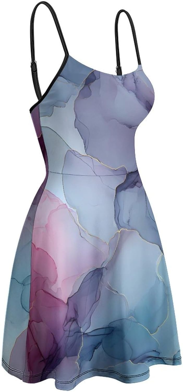 Flowing Abstract Short Cami Dress for Women Adjustable Spaghetti Strap Flowy Sundress Beach Vacation