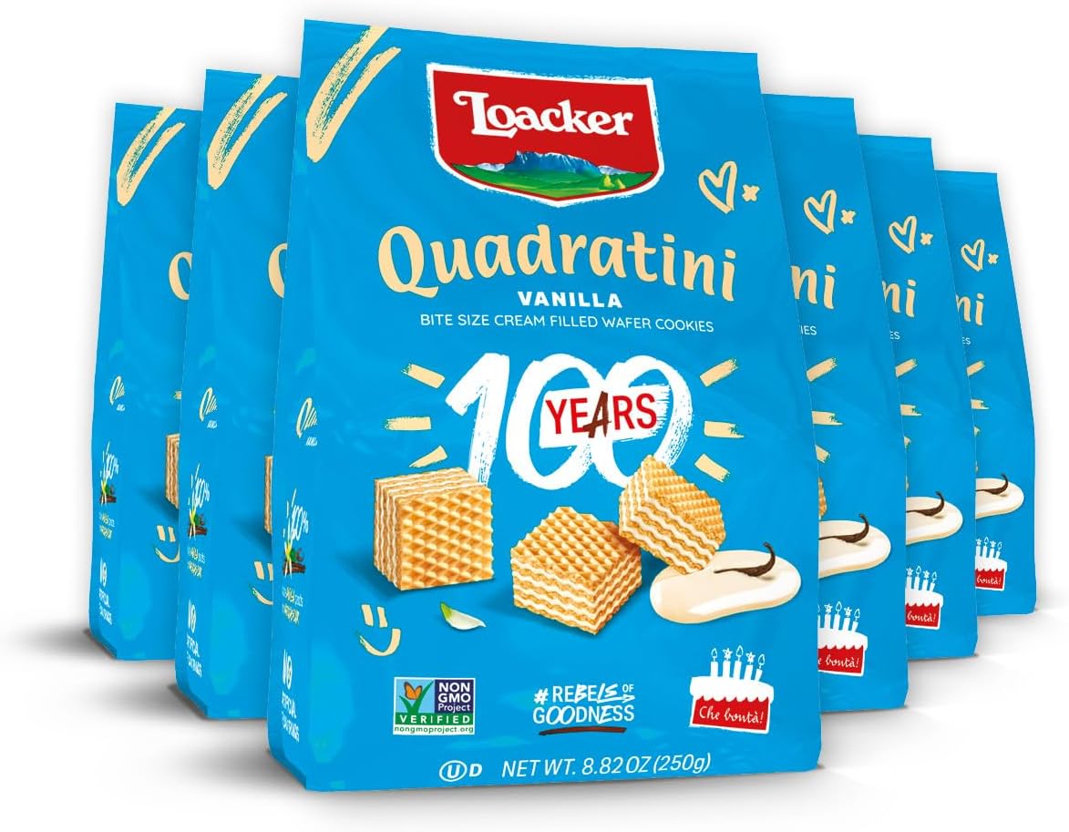 Quadratini Vanilla Wafer Cookies LARGE - 30% Less Sugar - Premium Crispy Bite Size Wafers - NON-GMO - LARGE Pack of 6