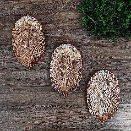 Image of Art Street Golden Palm Leaves Tray MDF Wall Plate For Living Room, Decorative Wall Hanging Carved Decal for Home Decor (Set of 3, 7x11.5 Inch)