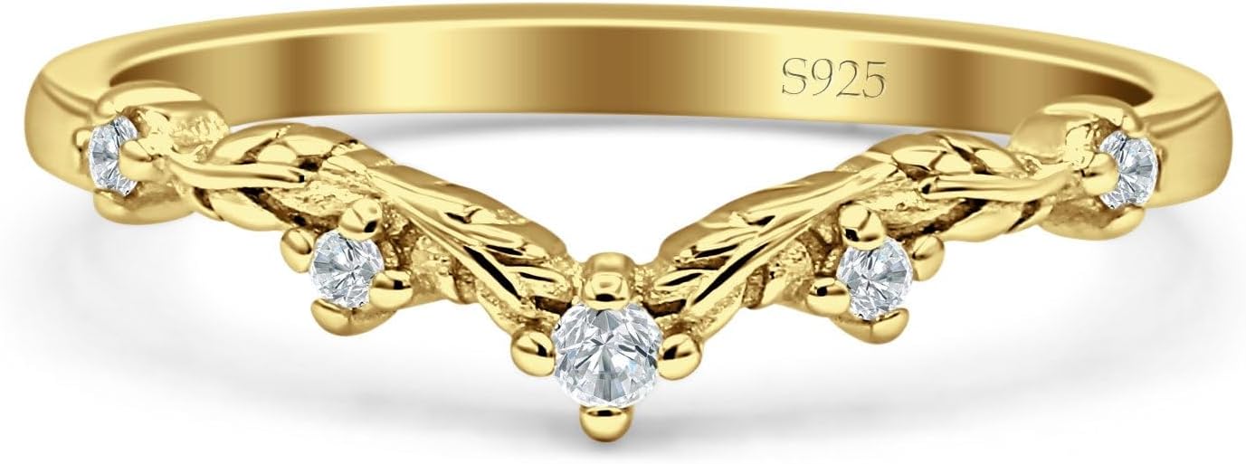 OMRANII Minimalist 4mm Curved Contour Chevron Ring Cubic Zirconia Leaf Design Classic Style Rings Statement Wedding Bands For Women 925 Sterling Silver Gift For Her