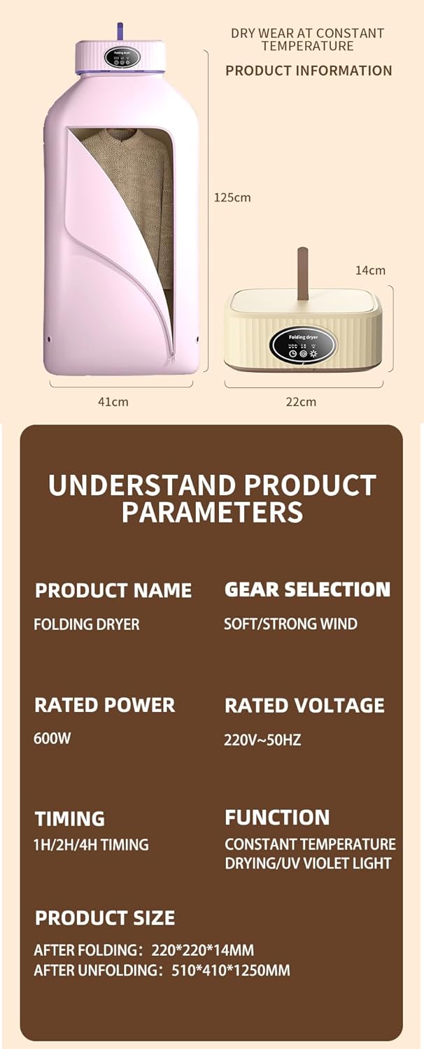 600W Portable Clothes Dryer, Mini Electric Laundry dryer machine for clothes with Dryer Bag, Portable dryer for apartments , RV, Travel(US plug)