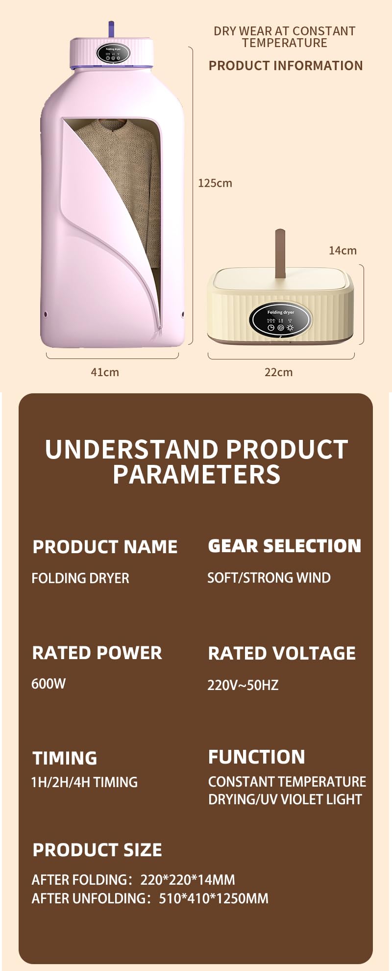 Elektrischer mini wäschetrockner, Kleiderschrank Warmlufttrockner, Portable clothes dryer, Tragbare Trockner für Wohnungen, Wohnmobil, Reisen(600W-EU plug)