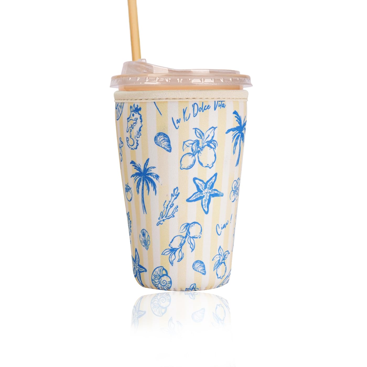 Reusable Insulated Sleeve for Iced Coffee Cup, Coffee Neoprene Sleeve for Cold &amp; Hot Drinks, Beverage Holder for Iced Coffee (Coastal Blue, Medium: 22-24oz)
