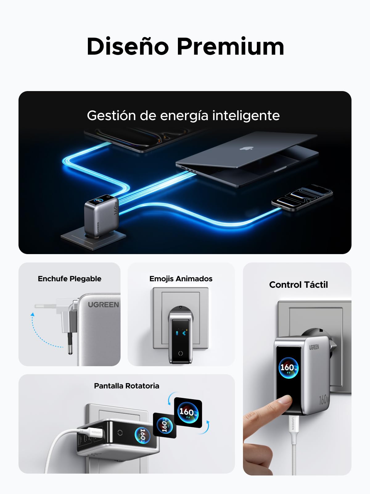UGREEN Nexode Pro 160W Cargador USB C Carga Rápida Pantalla TFT PD 3.1 | 5 Puertos Compatible con iPhone 17 Pro MAX Air 16 15 14 13 Galaxy PPS 45W S26 25 24 Pixel 10 iPad MacBook M5 M4