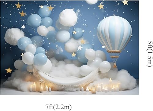 Miniatura 2 de Kate Globos de fiesta de cumpleaños de 7 x 5 pies para fotografía de cielo azul, estrellas doradas, decoración de globos aerostáticos, fondo