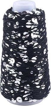 164.04 Yards 1MM Black Sequin Yarn Cotton Paillettes Thread Christmas Crochet Glitter Metallic Sparkle Sequins Yarn String Bulk for Sewing Making Knitting Crafts Weaving Crocheting Art DIY