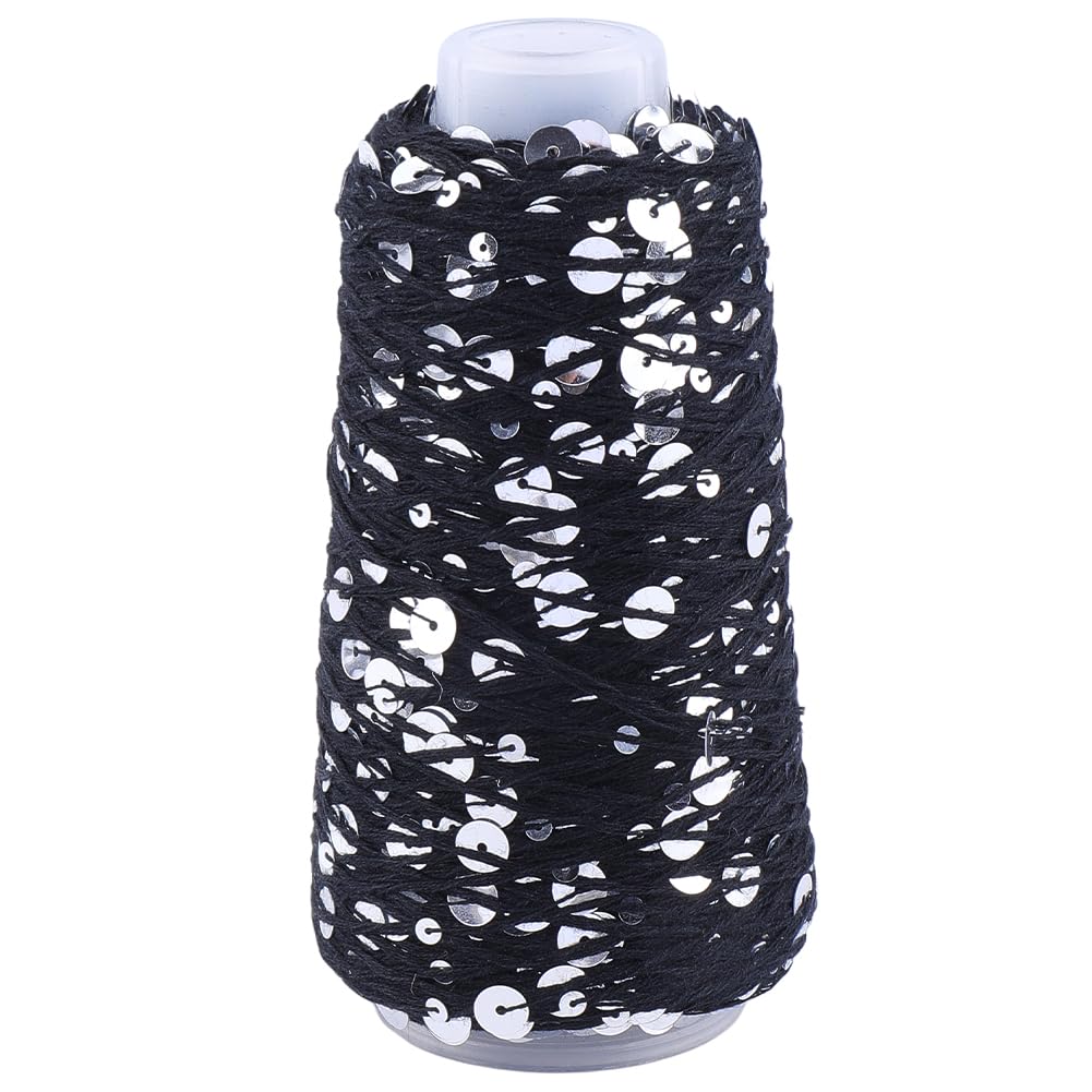 CABODYALS 150M Black Sequin Hand Woven Thread Shimmering Crocheting Cotton Strings Spool Weaving Yarn Sparkling Metallic Shine String for Knitting Headbands Beanie Sweaters Diy Craft Supply