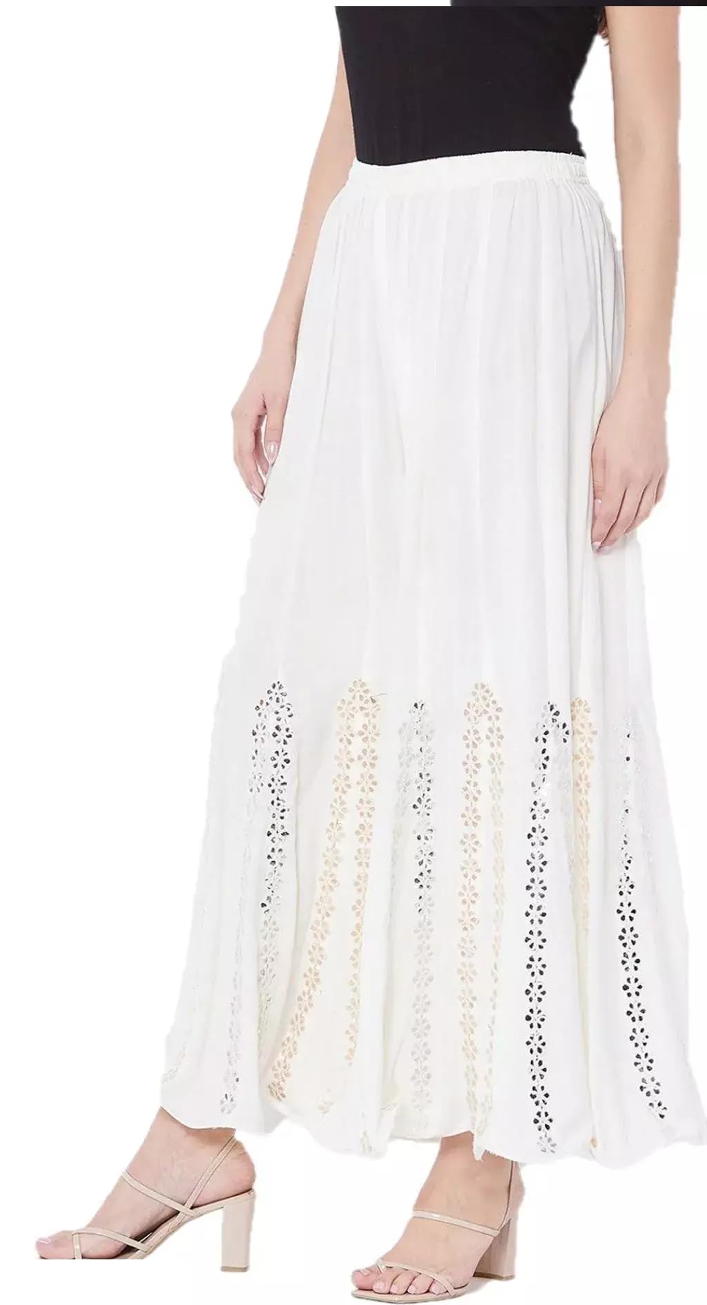 RAYON SHARARA PALAZZO WITH MIRROR SEQUENCE WORK FOR WOMENS (34, OFF WHITE)