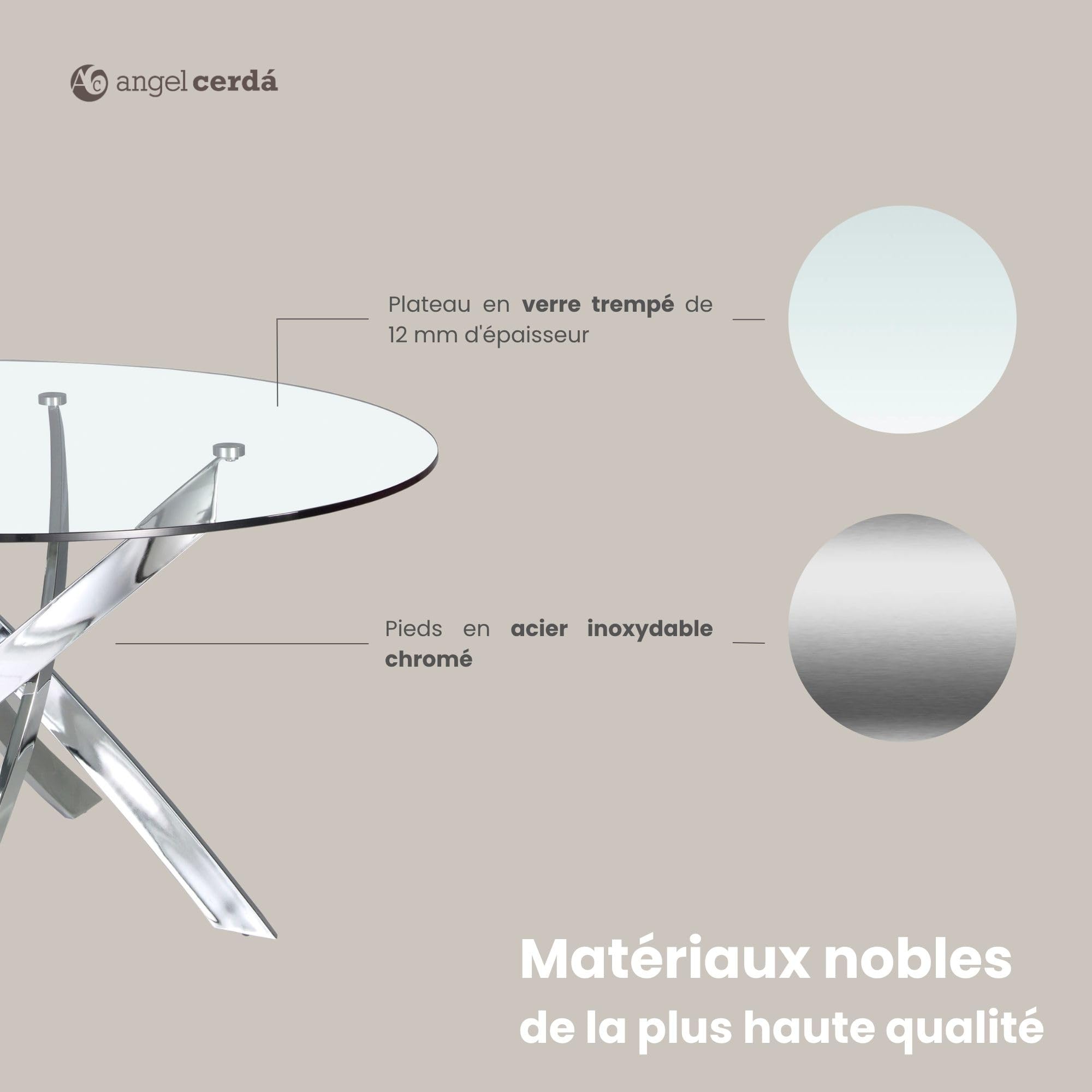 Table de salle à manger ronde Angel Cerdá 1061 en verre trempé transparent et pieds en acier inoxydable chromé, Ø 130 x 75 cm