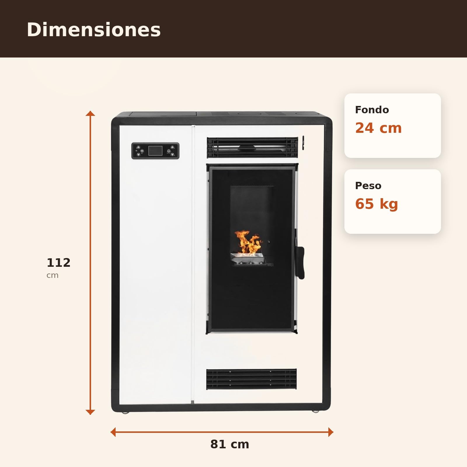 EIDER BIOMASA Estufa Pellets Canalizada SLIM PLUS – 7,98 kW – Fondo 24 cm – Slim – Hasta 185 m³ – Canalizable – Tolva 13 kg – Programable – Clase A+