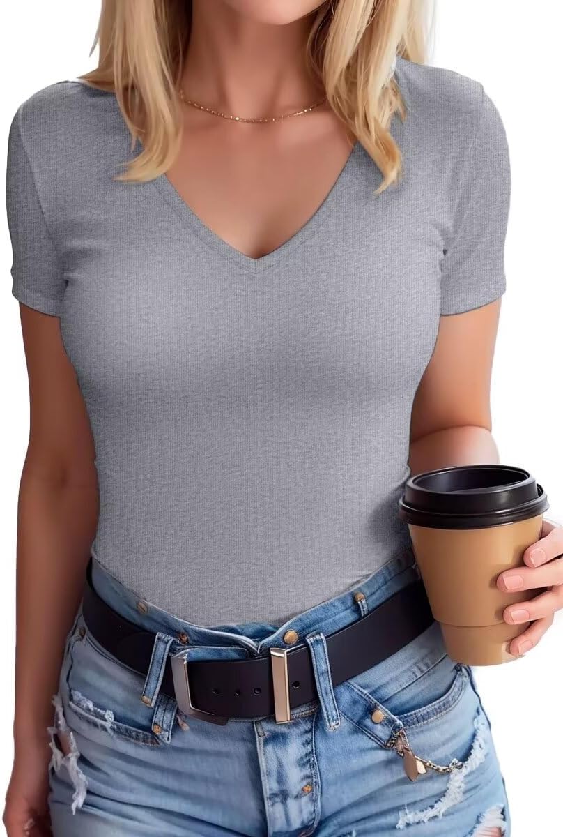 SANDERY T Shirts for Women Short Sleeve V Neck Solid Basic Casual Ribbed Slim Fitted Tops