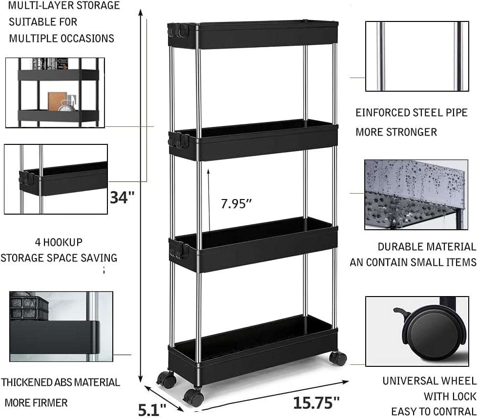 Slim Storage Cart Shelf Removable 4-Tier Rolling Trolley Storage Organizer Carts Rack with 4 Storage Baskets and Wheels for Kitchen Living Room Bathroom Bedroom Narrow Places