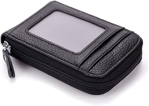 BAKUN Premium Leather Slim Zipper Business/Credit Card Wallet Case Holder with Clear Photo Slot, Security Travel WalletBlack