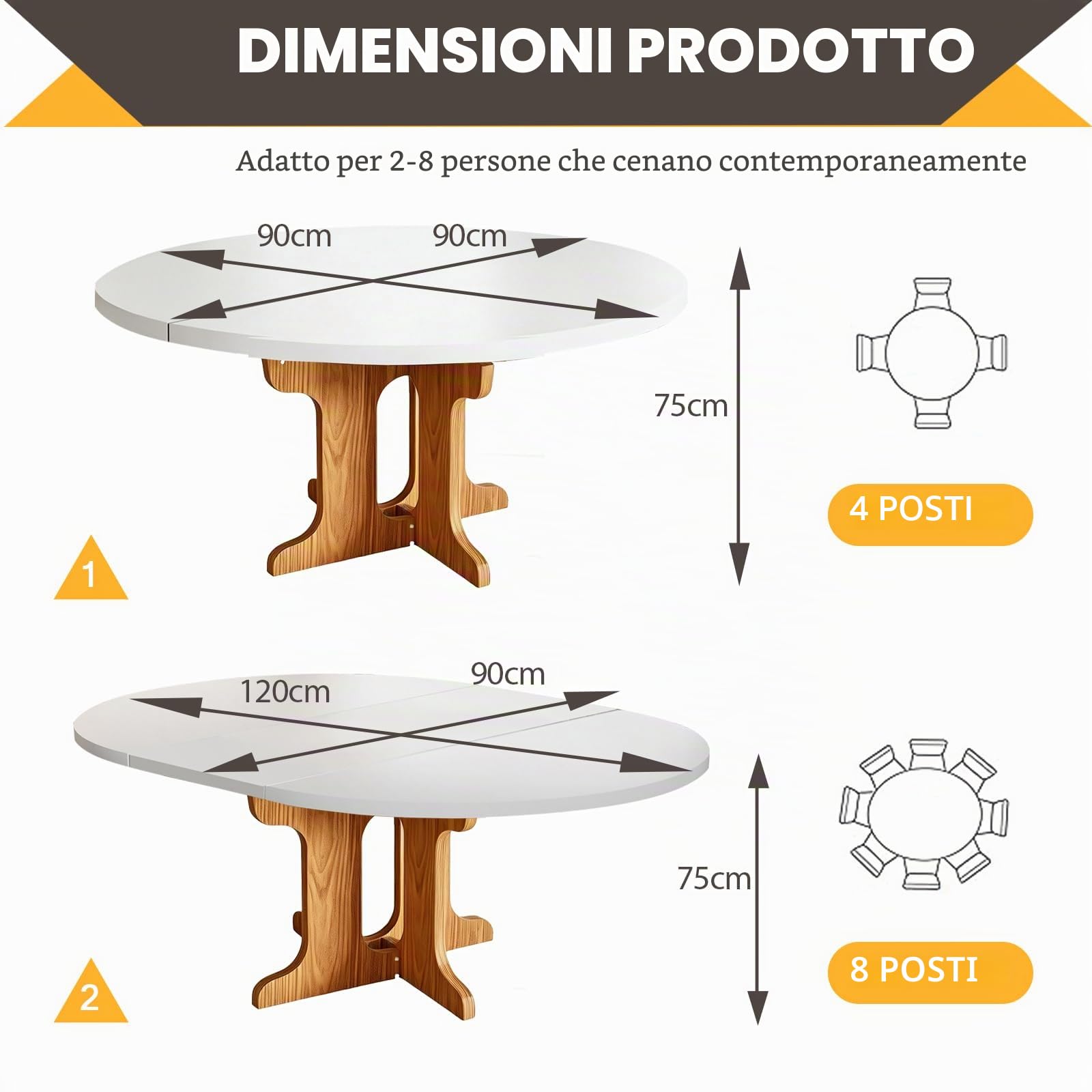 TWSOUL Tavolo da pranzo, tavolo da cucina estraibile, a 3 livelli, tavolo da pranzo rotondo, per 2-8 persone, per soggiorno, sala da pranzo, cucina, 90-120 x 90 x 75 cm