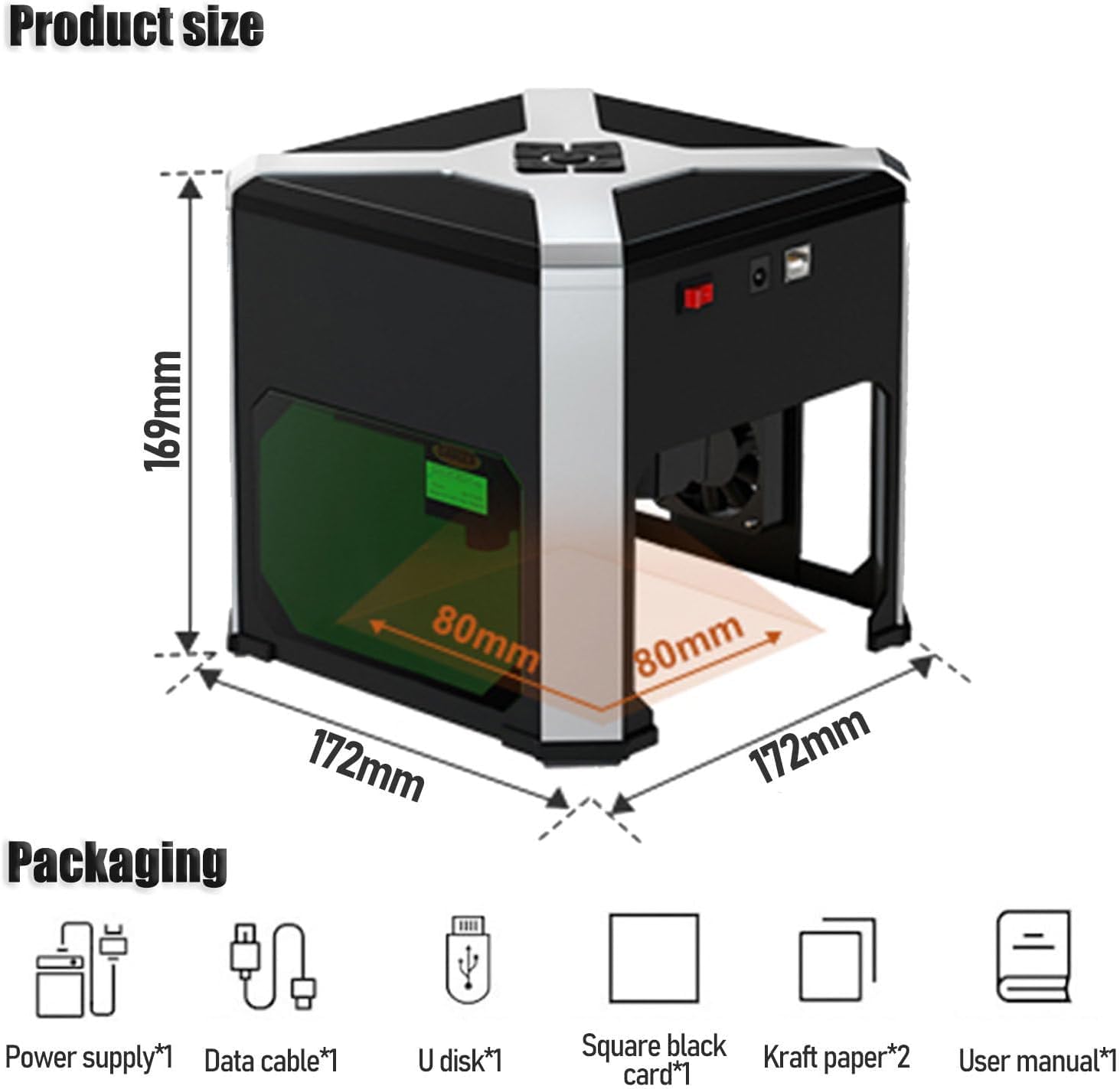 Graveur laser 2 en 1, découpeur portable de bureau, précision de 0,05 mm, zone de gravure de 80 x 80 mm, convient le bois, le plastique et le cuir.