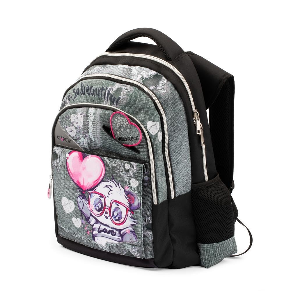 Go Pop - Zaino Modello Panderful, 3 Scomparti,Tasche Interne E Laterali Porta Borraccia, Schienale E Spallacci Imbottiti, Con Fascia Personalizzata E Pop Up, Lt 24, Dim 32x44x19,Scuola Elementare