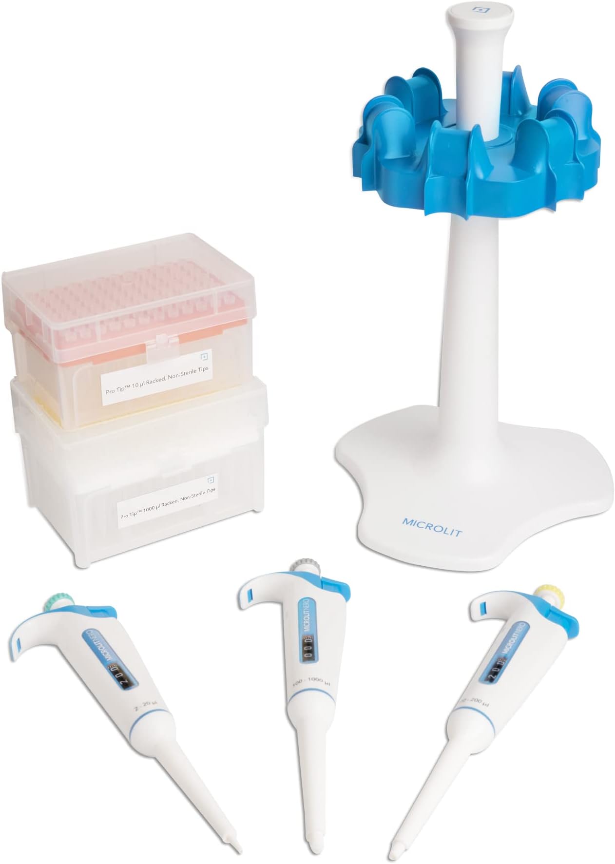 MICROLIT - Nero 3-Piece Micropipette Starter Kit, Accurate Pipettors with Varied Liquid Capacity (2-20ul, 20-200ul, 100-1000ul), Calibrated Lab Pipettes with Carousel Pipette Holder Stand