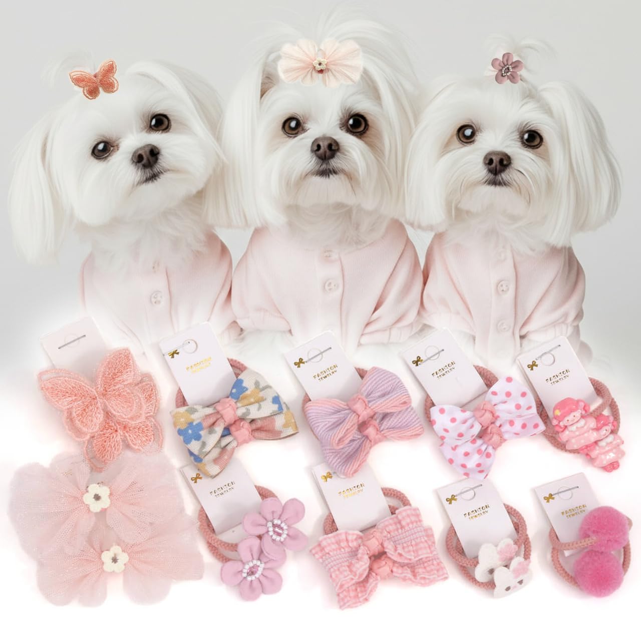 BIANHUAN 20pc Small Dog Hair Bows with Rubber Bands, Bulk Puppy Dog Hair Bows, Mix Handmade Cute Dog Gooming Flower Ball Bowknot Top Knot for Holiday