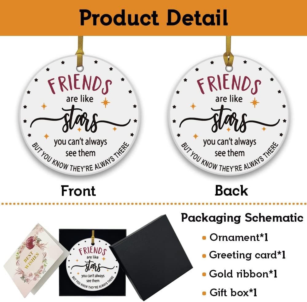 REWIDPARTY Friends are Like Stars Ornament Keepsake Round Shaped Plaque Happy for Friends Thanksgiving Christmas Birthday Gifts for Friends 3" Circle Ceramic Ornament with Gold Ribbon & Gift Box - Image 2