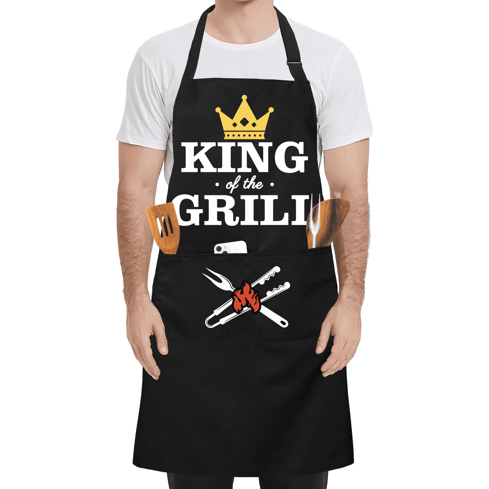 Funny BBQ Apron for Men, Black Waterproof Grilling Apron, Adjustable Chef Aprons with Pockets, Kitchen Cooking Aprons for Fathers Day Birthday Christmas, Gifts for Men Him Dad Husband Boyfriend,02