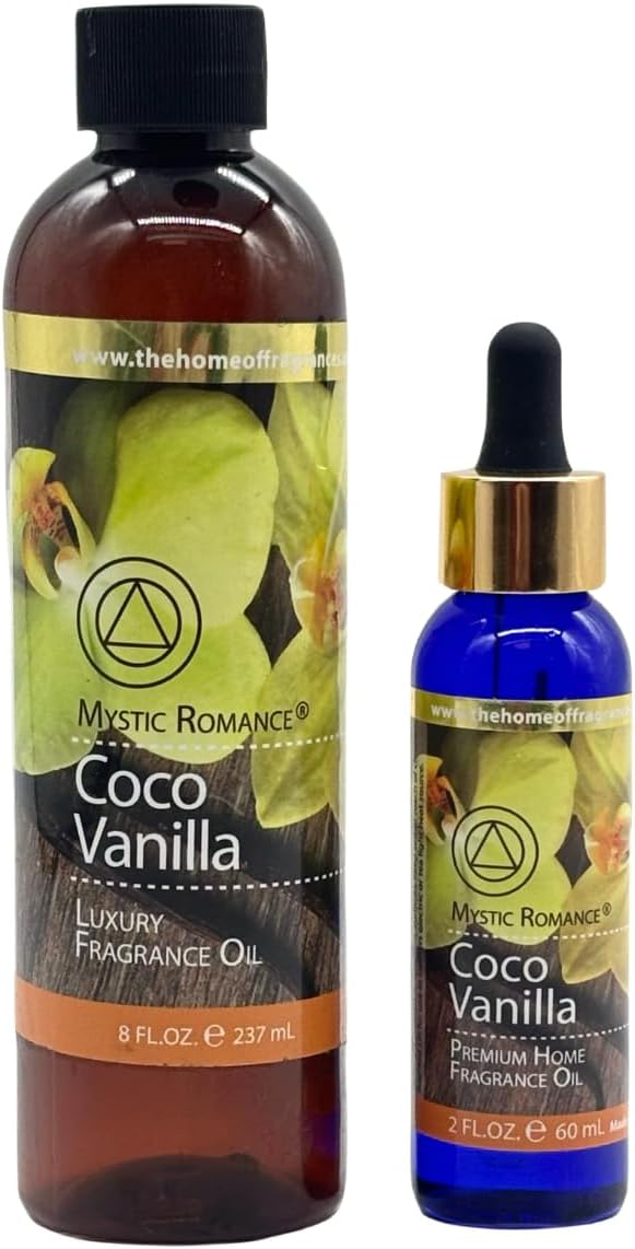 Mystic Romance Coco Vanilla Fragrance Oil Set 8oz & 2oz with Dropper – Premium Scented Oils for Diffuser, Oil Burner, Reed Diffuser Refill & Home Fragrance (Pack of 2, Coco Vanilla)