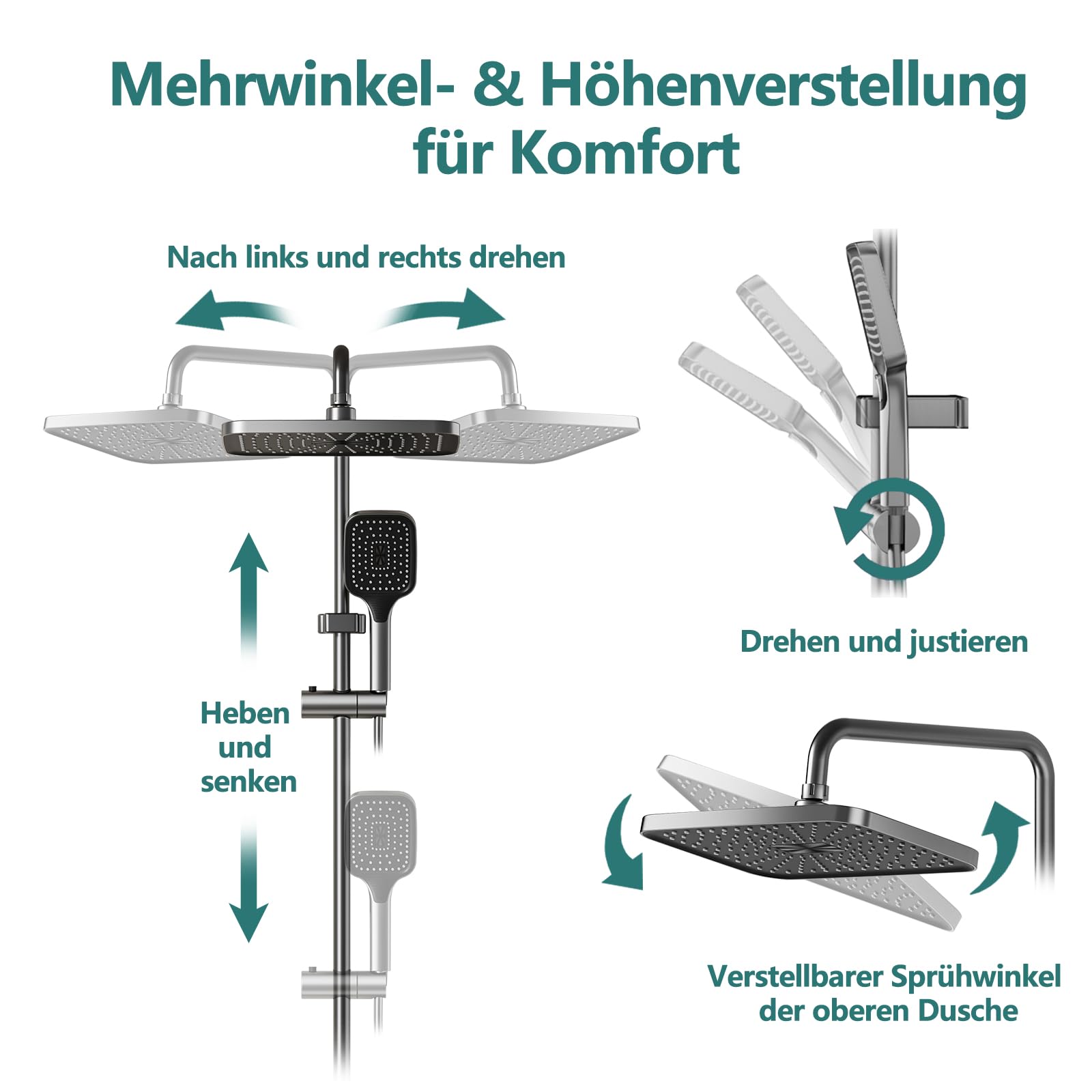 Regendusche mit Armatur, Duschsystem mit Thermostat, Duscharmatur Komplettset mit Höhenverstellbarer Duschstange 85–145 cm, Eckiger Regenduschkopf und Handbrause für Badezimmer