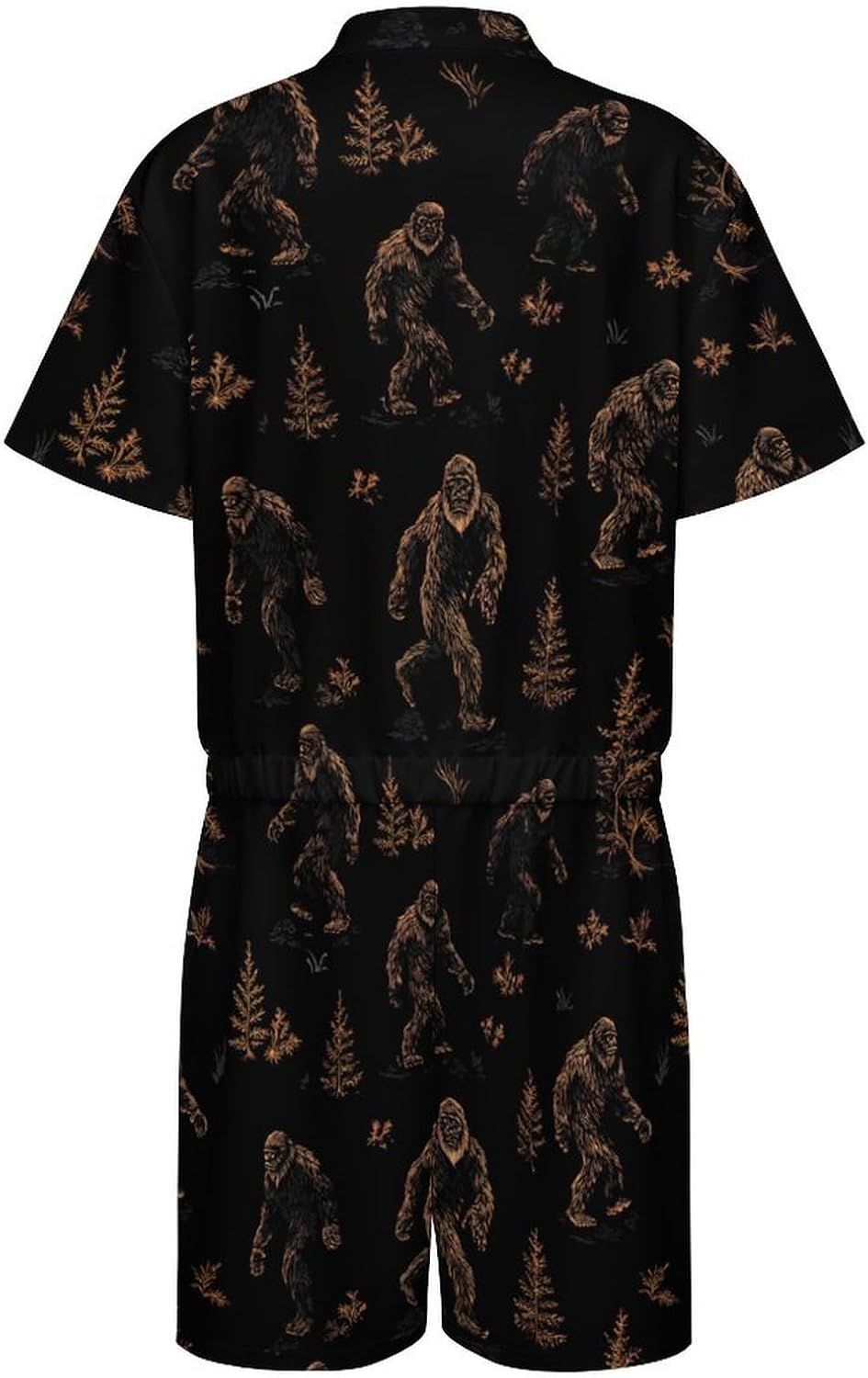 Bigfoot Pattern Novelty Men's Short Sleeve Romper Zipper Slim Fit Jumpsuit with Pockets