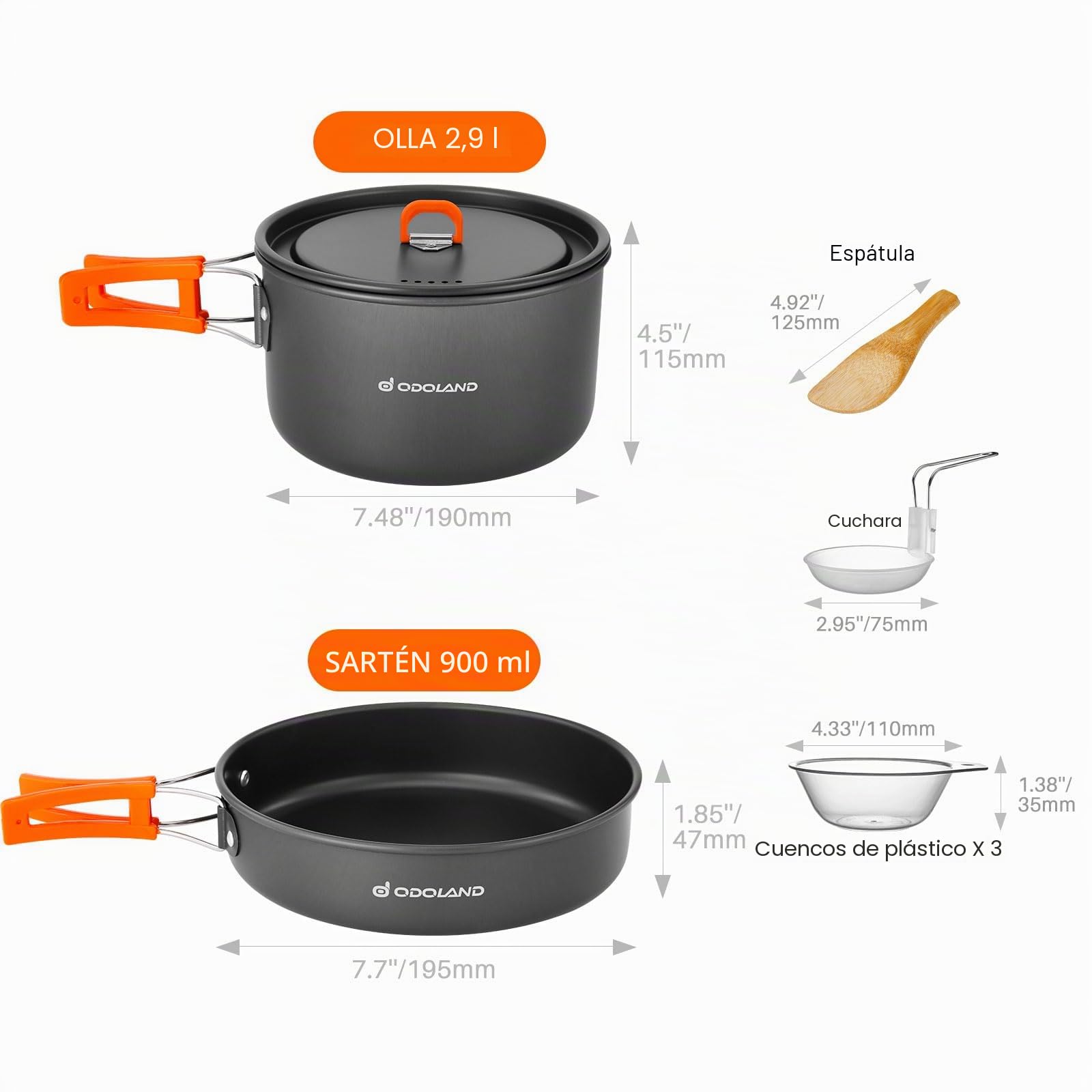 Odoland Utensilios de Cocina para Camping para 1-3 Personas, Ollas de Camping y Sartén, para Camping Senderismo Excursiones Cocina Outdoor y Picnics, L Olla 2.9L+ Sartén 0.9L